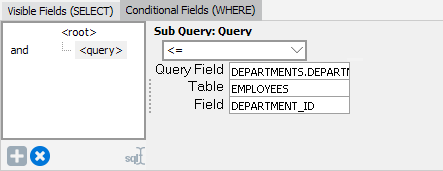 This image shows selections available when creating a Sub Query. Selection include radio buttons such as EXISTS, NOT EXISTS, IN, NOT IN, less than, less than or equal to, equals, greater than or equal to, greater than, and not equal.